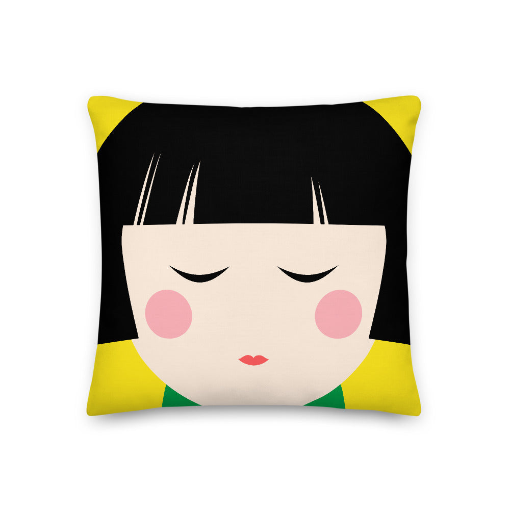 Japanese Kokeshi Doll Yellow Pillow
