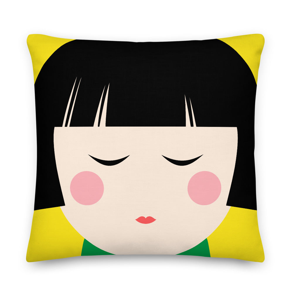 Japanese Kokeshi Doll Yellow Pillow